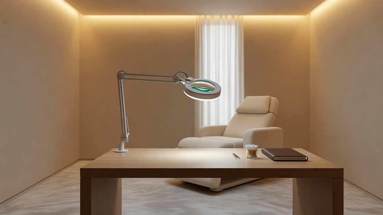 A quiet, warmly lit consultation room with a dermatologist's magnifying lamp