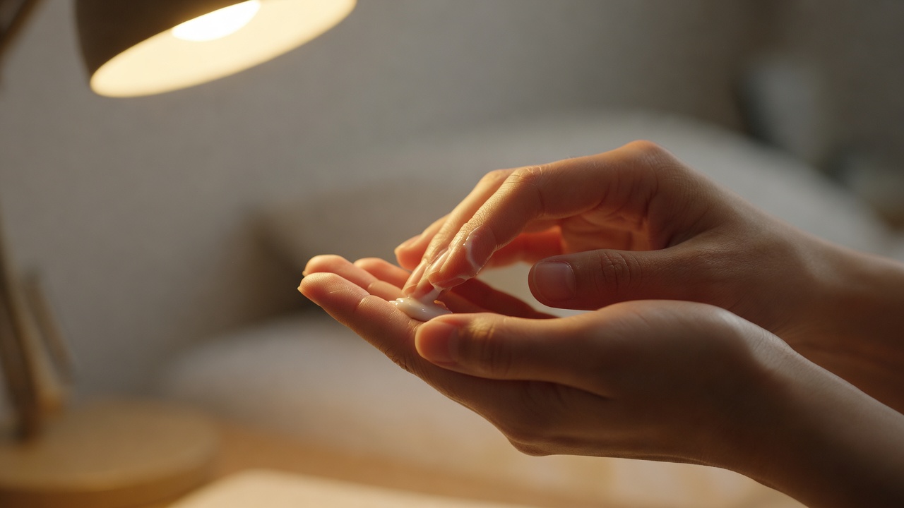 Hands warming a small amount of cream between fingertips under warm lamp light
