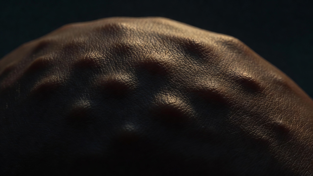 Macro photograph of skin texture in deep shadow with warm light grazing the surface